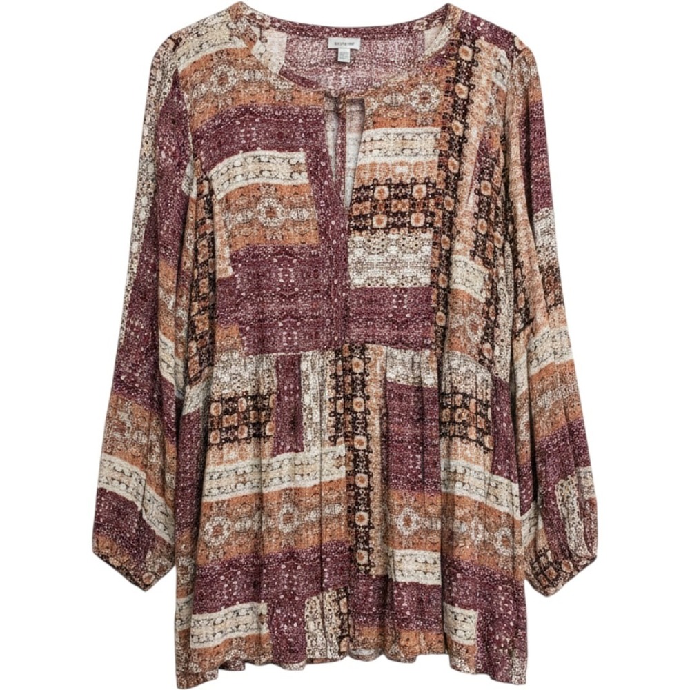 Avenue Tunic Blouse Women 30/32 Multicolor Patchwork Boho Tassel Tie Peplum Top